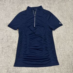 Goode Rider Top Womens Large Navy Show Shirt Ruched Sides Horses Equestrian
